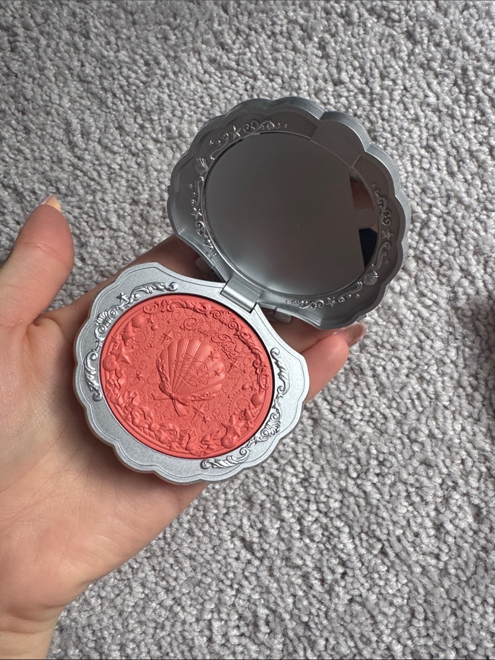Silver Compact Coral Pink Blush - Makeup Brush Included - Flower Knows